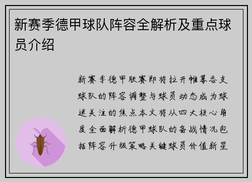 新赛季德甲球队阵容全解析及重点球员介绍